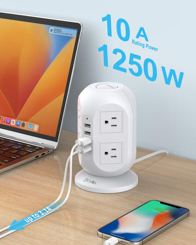 Surge Protector Power Strip Tower,  10 Ft Long Extension Cord with Multiple Outlets, 8 AC Outlets with 4 USB Ports Charging Station with 1050J Surge Protection for Home Office Supplies