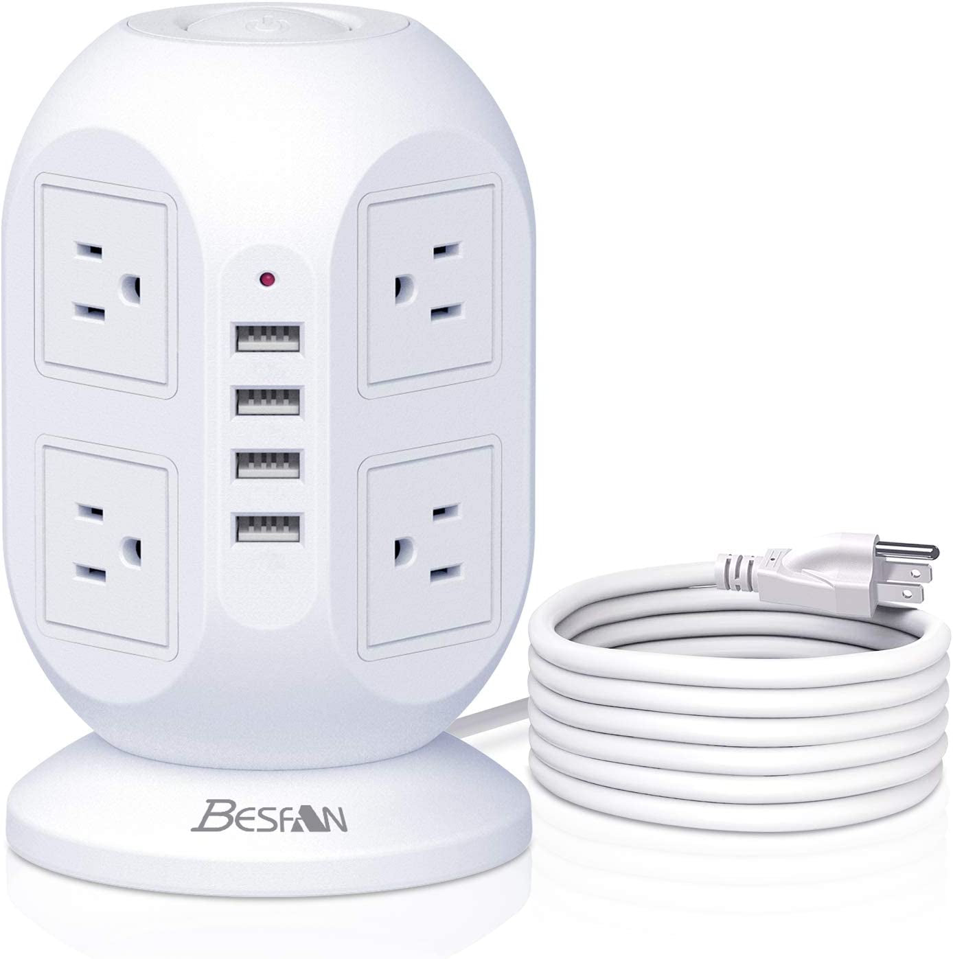 Surge Protector Power Strip Tower,  10 Ft Long Extension Cord with Multiple Outlets, 8 AC Outlets with 4 USB Ports Charging Station with 1050J Surge Protection for Home Office Supplies