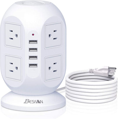 Surge Protector Power Strip Tower,  10 Ft Long Extension Cord with Multiple Outlets, 8 AC Outlets with 4 USB Ports Charging Station with 1050J Surge Protection for Home Office Supplies