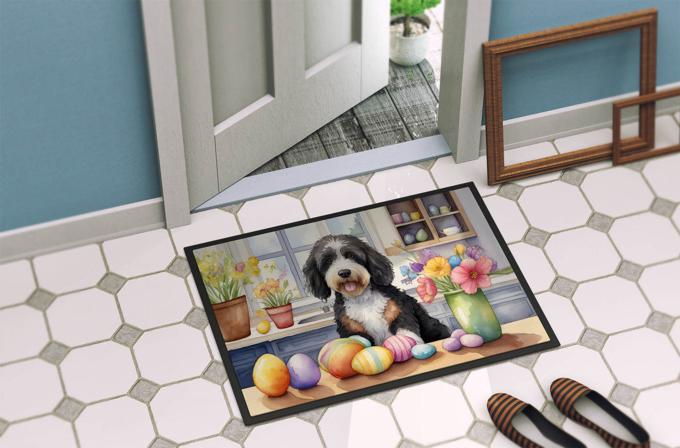 Decorating Easter Bernedoodle Doormat