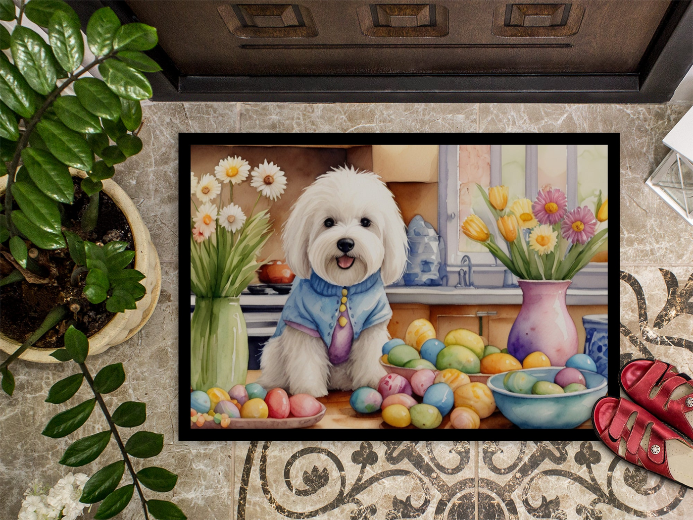 Decorating Easter Coton de Tulear Doormat