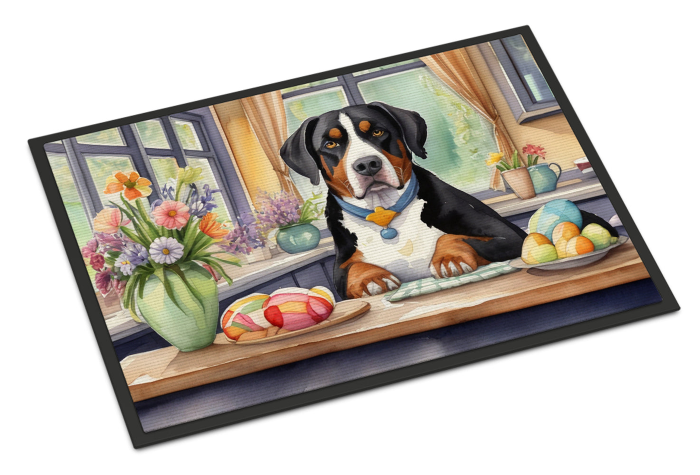Decorating Easter Greater Swiss Mountain Dog Doormat