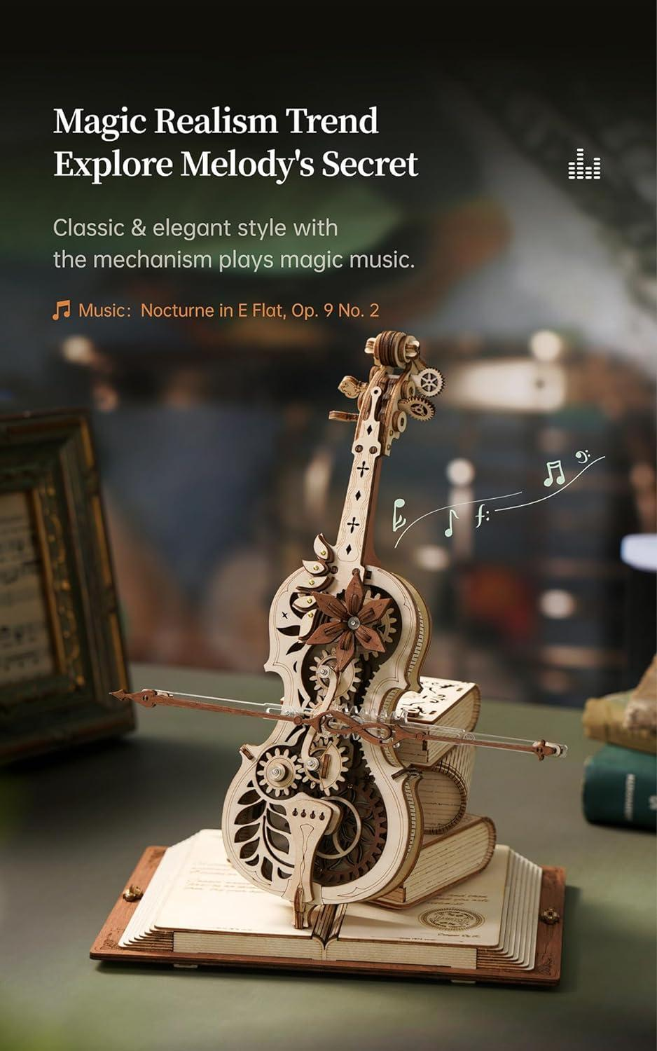 ROBOTIME - Wooden Music Box Puzzles for Adults AMK63 / Magic Cello / 3D Wooden Puzzles for Adults and Teens / Wooden Model Kits to Build