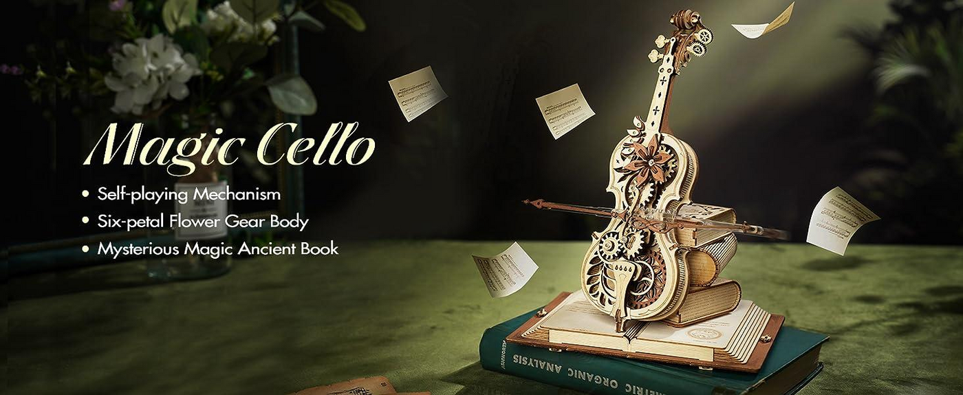 ROBOTIME - Wooden Music Box Puzzles for Adults AMK63 / Magic Cello / 3D Wooden Puzzles for Adults and Teens / Wooden Model Kits to Build
