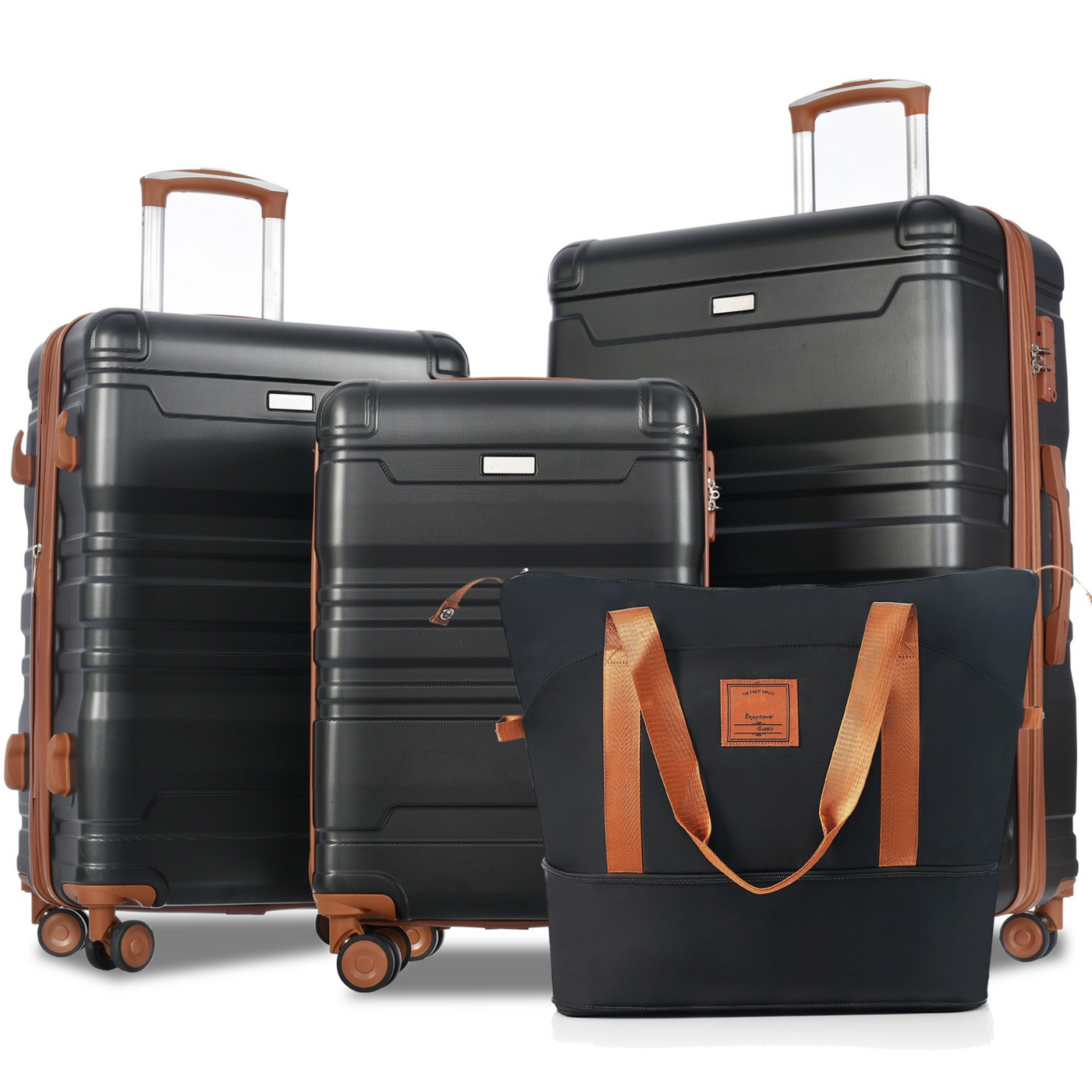 Luggage Sets 4 Piece, Expandable ABS Durable Suitcase with Travel Bag, Carry On Luggage Suitcase Set with 360° Spinner Wheels, black and brown