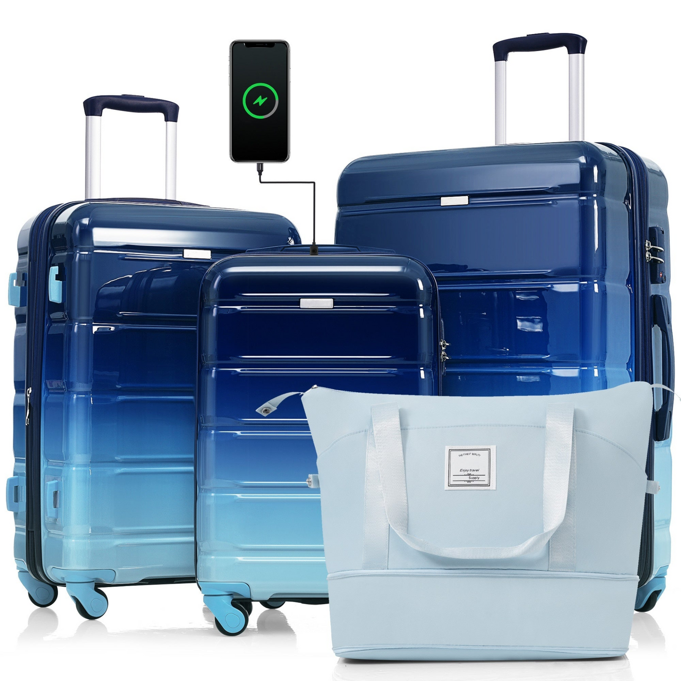Luggage Sets 4 Piece, 20-inch with USB Port, Expandable ABS Durable Suitcase with Travel Bag,  Cup Holder, ABS+PC Hard Shell Luggage with Spinner Wheels, Gradient Blue