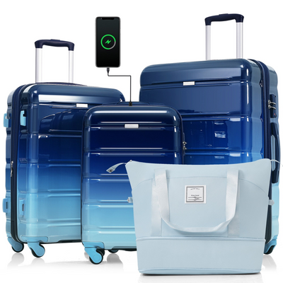 Luggage Sets 4 Piece, 20-inch with USB Port, Expandable ABS Durable Suitcase with Travel Bag,  Cup Holder, ABS+PC Hard Shell Luggage with Spinner Wheels, Gradient Blue