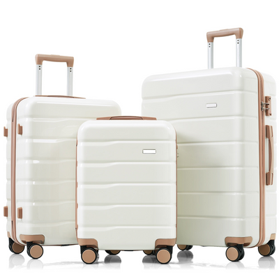 Premium ABS Travel Luggage Set , 3-Piece TSA Lock Suitcase Ensemble with 20, 24, and 28 Inch Sizes with 360° Spinner Wheels, ivory and golden