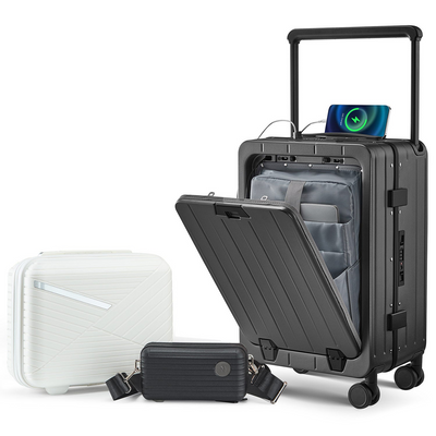 Aluminum Frame 20 Inch with Front Open Carry-on Luggage, PC Hard Shell Suitcase, Bounce Wide Handle Pull Rod Luggage with 360°Double Wheels, Built-In TSA Lock, Airline Approved Suitcase for Business