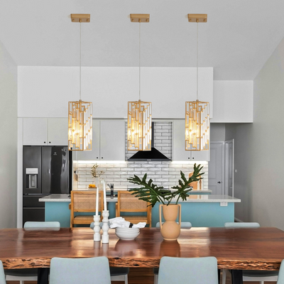 Modern Crystal Pendant Light - 3 Pack, Adjustable Hanging Ceiling Lamp with Crystal Prism Design for Dining Room, Kitchen Island, and Living Room -Golden Finish