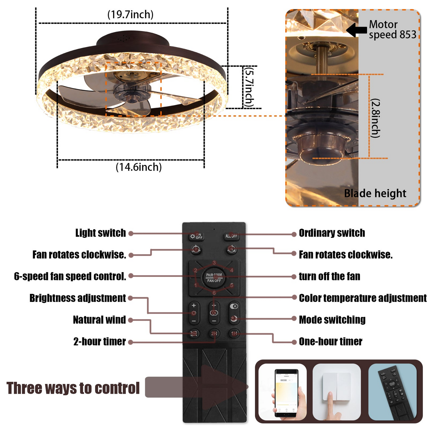 Low Profile Ceiling Fan with Light and Remote Control, Dimmable LED Ceiling Fan,  6 Speeds, Timing Reversible Blades, Brown, 20"