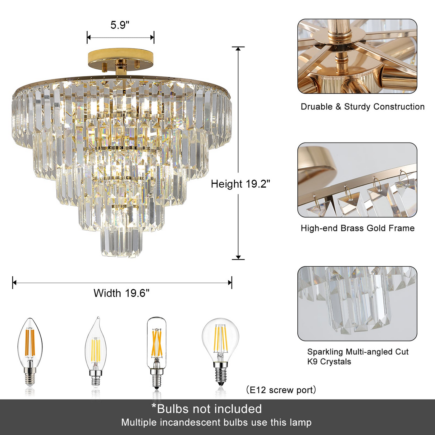 (Same as W1340P189283/L005001-D500-C10G)Gold Crystal Chandeliers,5-Tier Round Semi Flush Mount Chandelier Light Fixture,Large Contemporary Luxury Ceiling Lighting