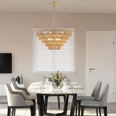 Bohemian style Woven Pendant Light 23.6 Inch Rattan Ligh Large Rattan Pendant Light with 5-Tier Rattan Chandelier--Wood  NEW SKU:W1340P206666