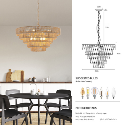 Bohemian style Woven Pendant Light 23.6 Inch Rattan Ligh Large Rattan Pendant Light with 5-Tier Rattan Chandelier--Wood  NEW SKU:W1340P206666