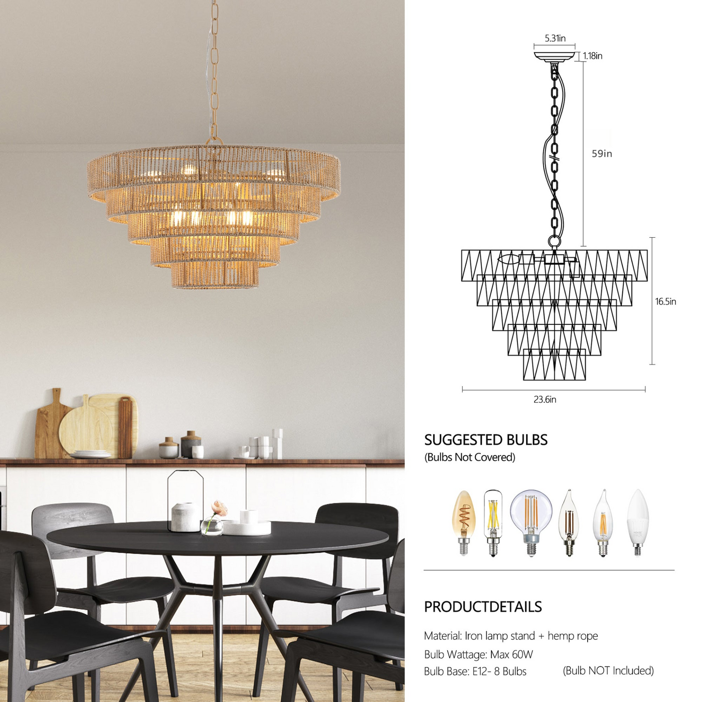 Bohemian style Woven Pendant Light 23.6 Inch Rattan Ligh Large Rattan Pendant Light with 5-Tier Rattan Chandelier--Wood  NEW SKU:W1340P206666