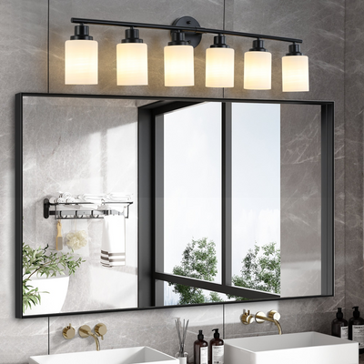 Modern 6-Light Vanity Bathroom Mirror Light, Frosted White Glass with Black Iron Frame, Contemporary Wall Sconce for Bedroom, Bathroom, And Dressing Room (No Bulbs)