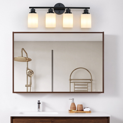 Modern 4-Light Vanity Bathroom Mirror Light, Frosted White Glass with Black Iron Frame, Contemporary Wall Sconce for Bedroom, Bathroom, And Dressing Room (Bulb Not Included)