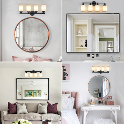 Modern 4-Light Vanity Bathroom Mirror Light, Frosted White Glass with Black Iron Frame, Contemporary Wall Sconce for Bedroom, Bathroom, And Dressing Room (Bulb Not Included)