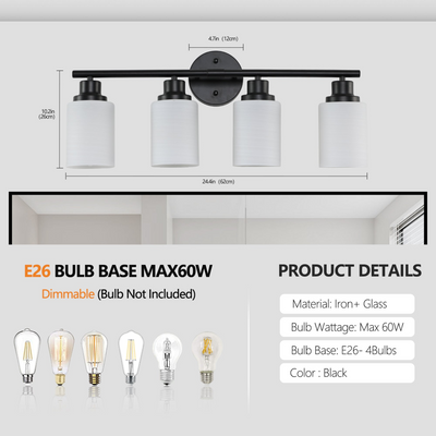 Modern 4-Light Vanity Bathroom Mirror Light, Frosted White Glass with Black Iron Frame, Contemporary Wall Sconce for Bedroom, Bathroom, And Dressing Room (Bulb Not Included)