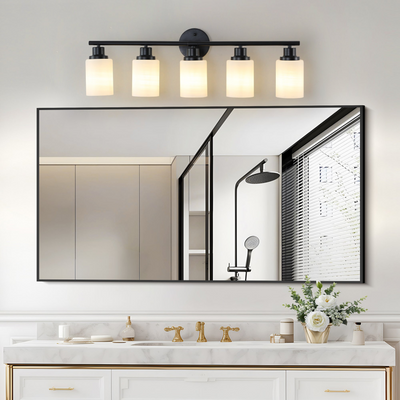 Modern 5-Light Vanity Bathroom Mirror Light, Frosted White Glass with Black Iron Frame, Contemporary Wall Sconce for Bedroom, Bathroom, And Dressing Room (Bulb Not Included)