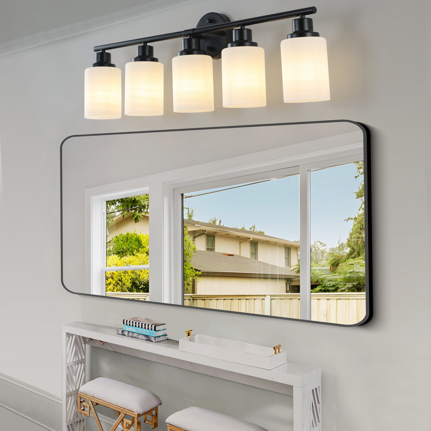 Modern 5-Light Vanity Bathroom Mirror Light, Frosted White Glass with Black Iron Frame, Contemporary Wall Sconce for Bedroom, Bathroom, And Dressing Room (Bulb Not Included)