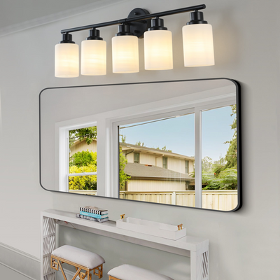 Modern 5-Light Vanity Bathroom Mirror Light, Frosted White Glass with Black Iron Frame, Contemporary Wall Sconce for Bedroom, Bathroom, And Dressing Room (Bulb Not Included)