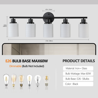 Modern 5-Light Vanity Bathroom Mirror Light, Frosted White Glass with Black Iron Frame, Contemporary Wall Sconce for Bedroom, Bathroom, And Dressing Room (Bulb Not Included)
