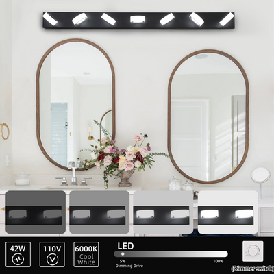 Modern 7-Light LED Vanity Light Fixture - Black Iron Finish with Acrylic Shades - Energy-Efficient Bathroom Wall Sconce - Dimmable, 52.2-Inch Length