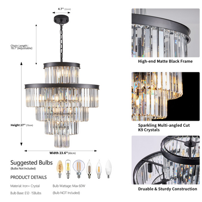 Black Luxury Crystal Chandelier Modern Chandeliers Lights Fixture Hanging Pendant Light Fixture for Dining Room Bedroom Living Room Dia 23.6 Inch-Black