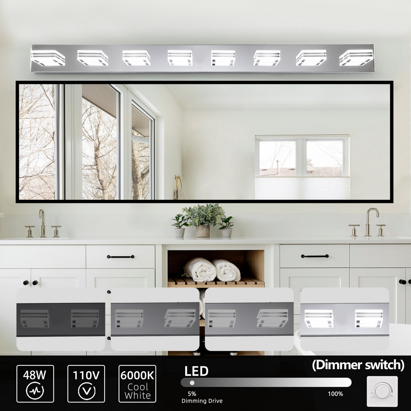 Contemporary 8-Light LED Vanity Light - 52.2-Inch Chrome Fixture with Acrylic Shade, Adjustable Brightness