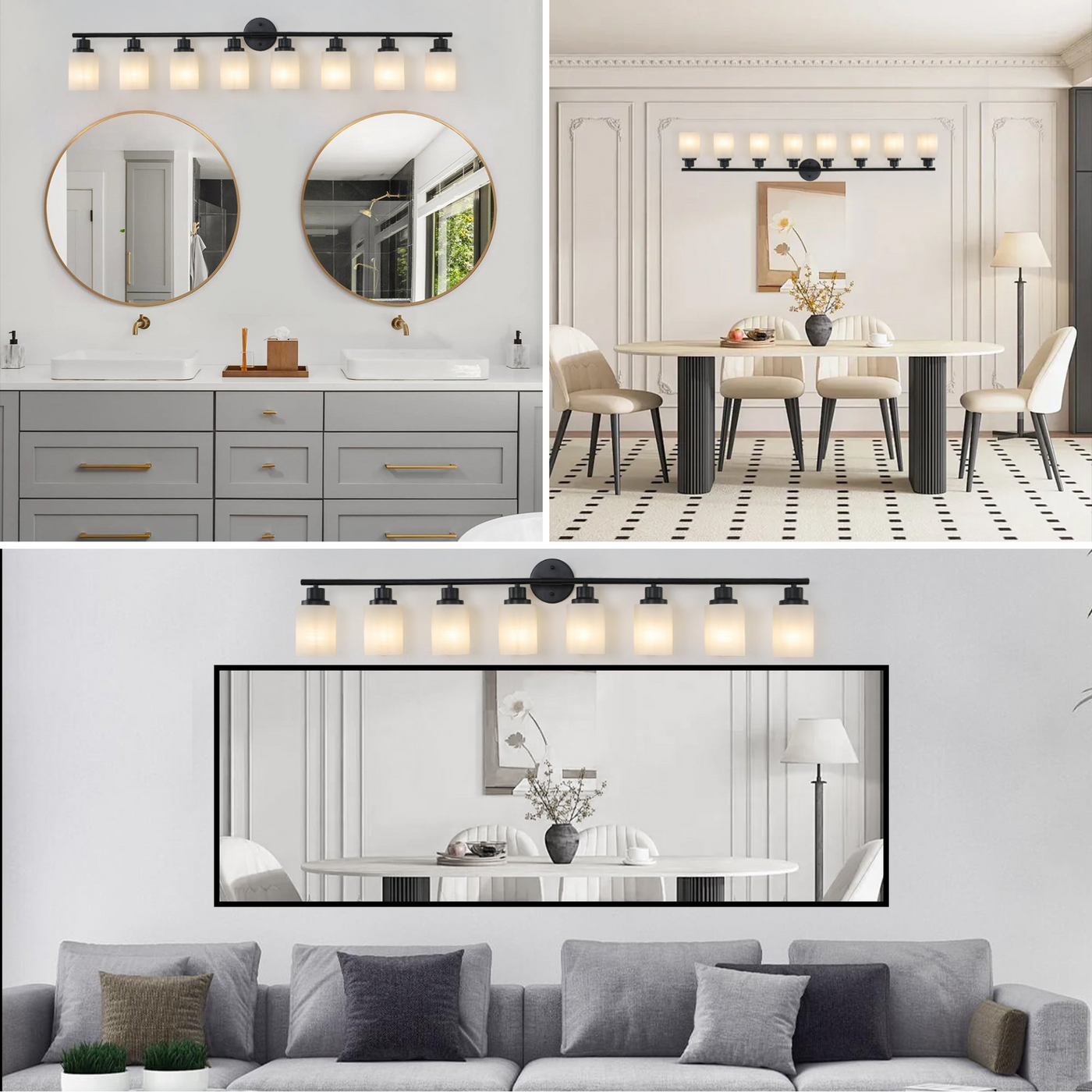 Modern 8-Light Vanity Bathroom Mirror Light, Frosted White Glass with Black Iron Frame, Contemporary Wall Sconce for Bedroom, Bathroom, And Dressing Room (Bulb Not Included)