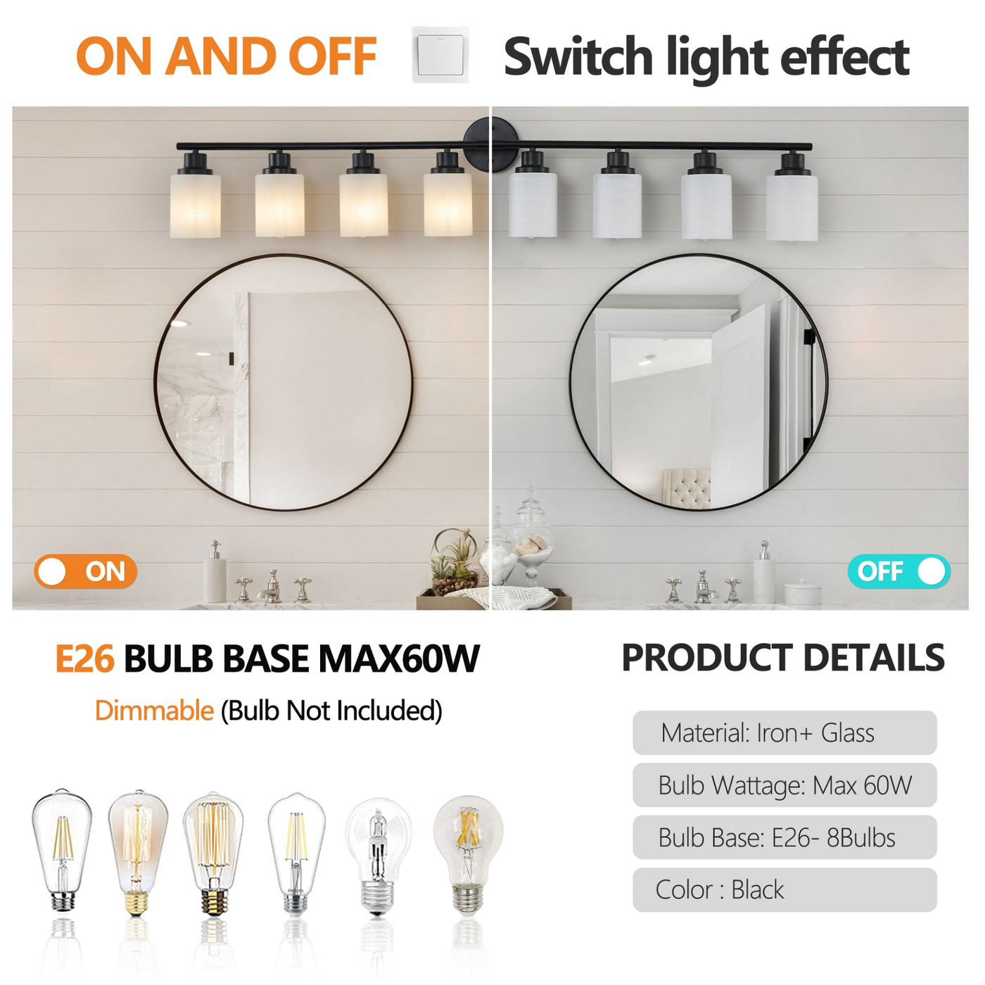 Modern 8-Light Vanity Bathroom Mirror Light, Frosted White Glass with Black Iron Frame, Contemporary Wall Sconce for Bedroom, Bathroom, And Dressing Room (Bulb Not Included)