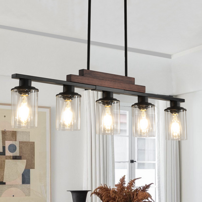 Farmhouse Industrial 5-Light Kitchen Island Pendant Light, Metal Wood Chandelier with Clear Glass Shades, Adjustable Height Hanging Fixture for Dining Room, Living Room, and Kitchen(No Bulbs)