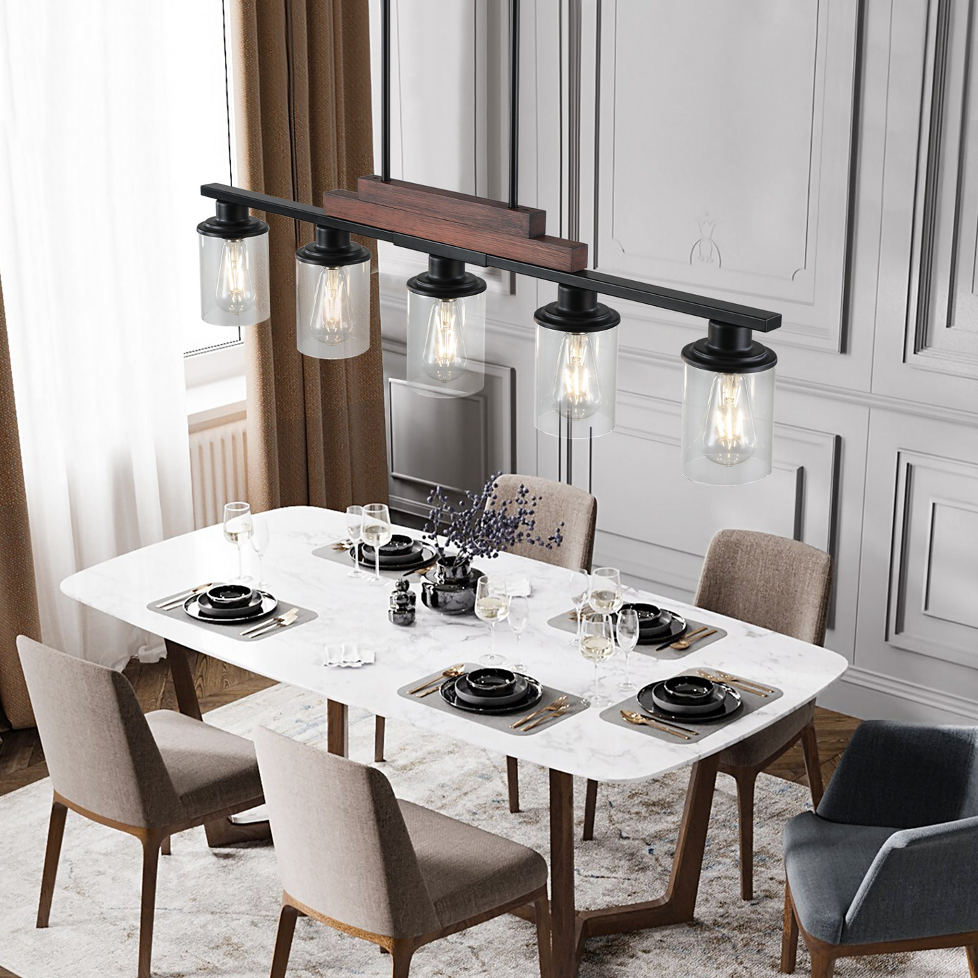 Farmhouse Industrial 5-Light Kitchen Island Pendant Light, Metal Wood Chandelier with Clear Glass Shades, Adjustable Height Hanging Fixture for Dining Room, Living Room, and Kitchen(No Bulbs)