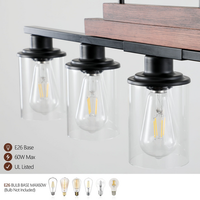Farmhouse Industrial 5-Light Kitchen Island Pendant Light, Metal Wood Chandelier with Clear Glass Shades, Adjustable Height Hanging Fixture for Dining Room, Living Room, and Kitchen(No Bulbs)
