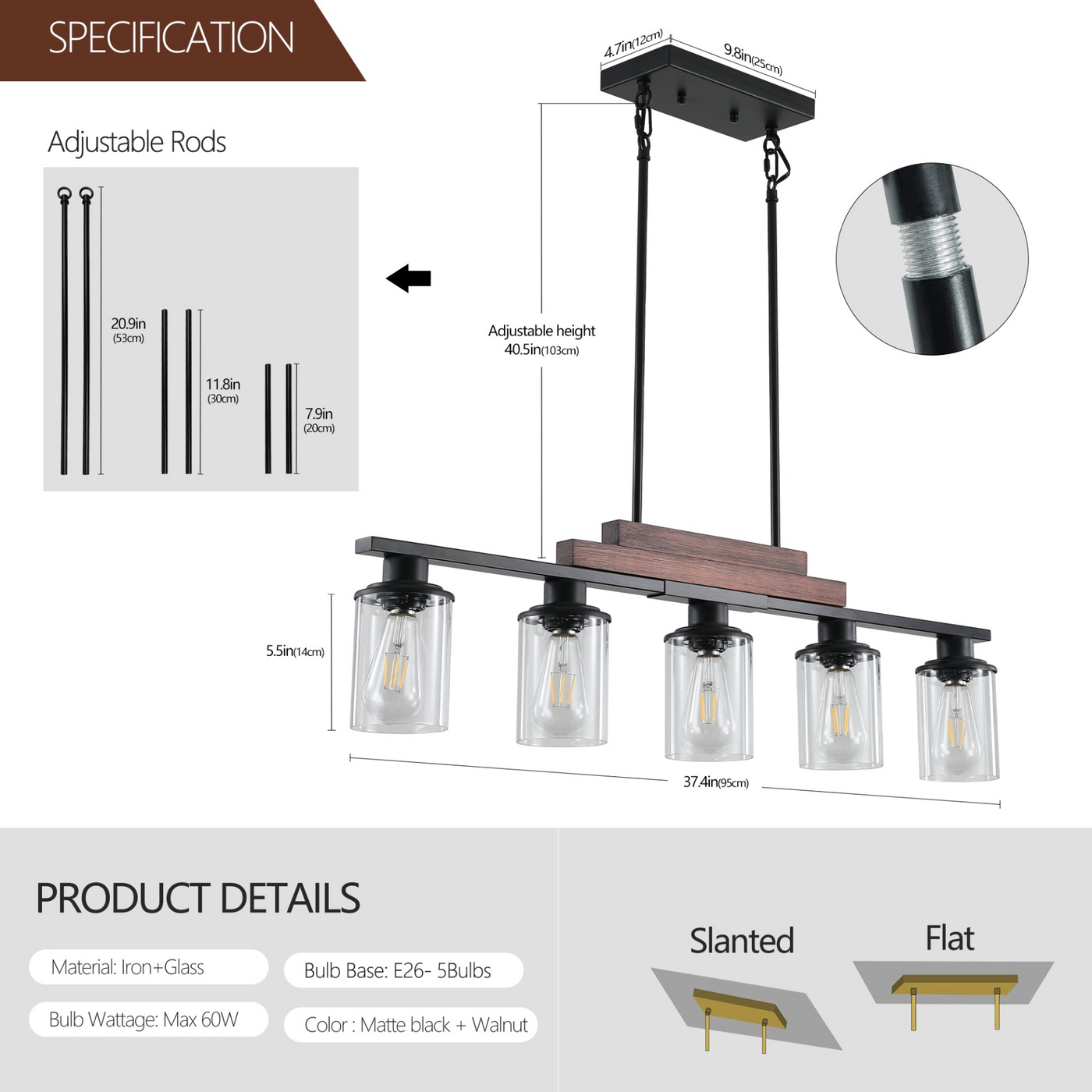 Farmhouse Industrial 5-Light Kitchen Island Pendant Light, Metal Wood Chandelier with Clear Glass Shades, Adjustable Height Hanging Fixture for Dining Room, Living Room, and Kitchen(No Bulbs)