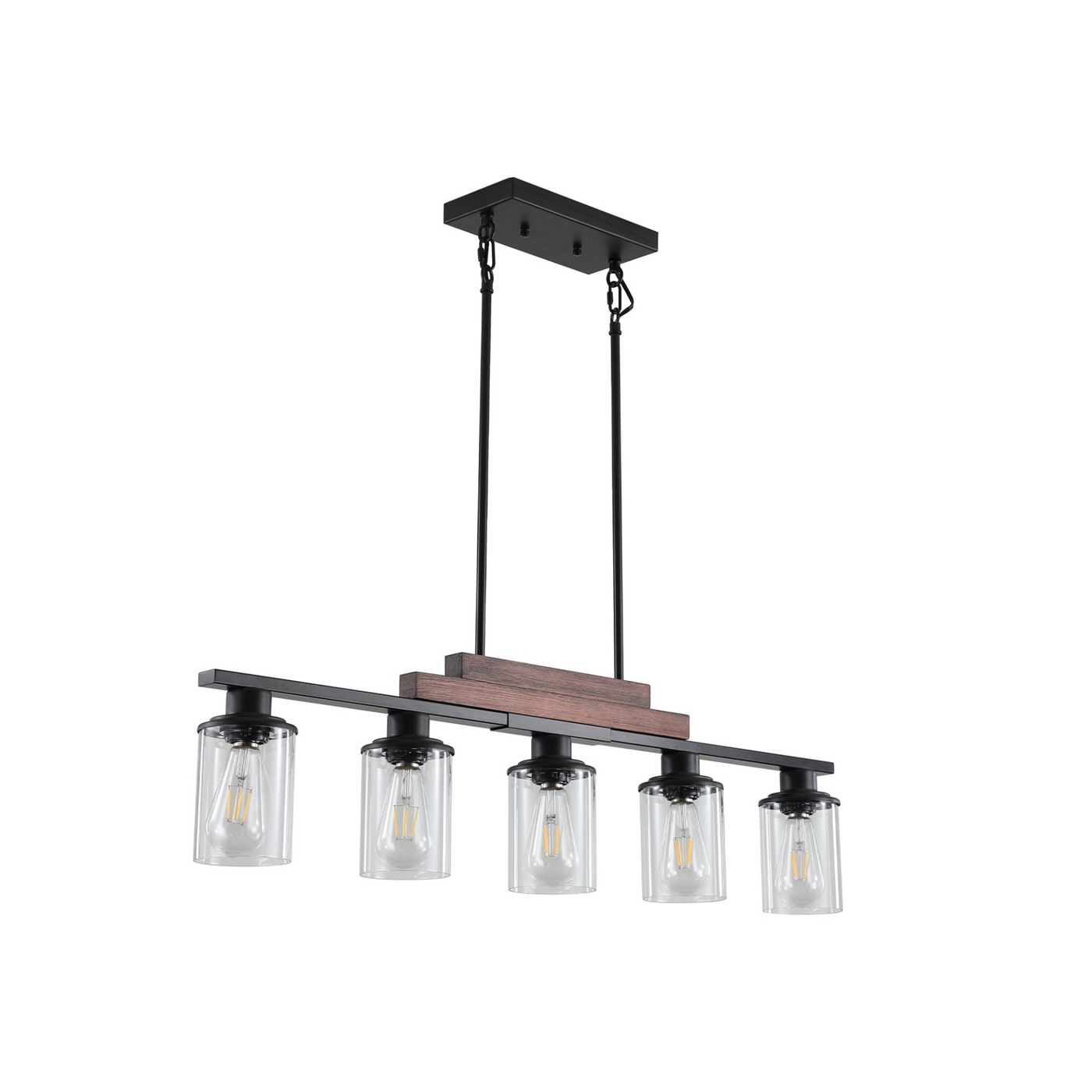 Farmhouse Industrial 5-Light Kitchen Island Pendant Light, Metal Wood Chandelier with Clear Glass Shades, Adjustable Height Hanging Fixture for Dining Room, Living Room, and Kitchen(No Bulbs)