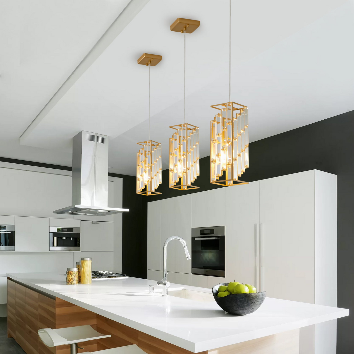 Modern Crystal Pendant Light - 3 Pack, Adjustable Hanging Ceiling Lamp with Crystal Prism Design for Dining Room, Kitchen Island, and Living Room -Golden Finish