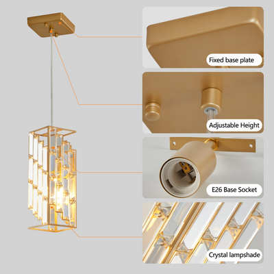Modern Crystal Pendant Light - 3 Pack, Adjustable Hanging Ceiling Lamp with Crystal Prism Design for Dining Room, Kitchen Island, and Living Room -Golden Finish