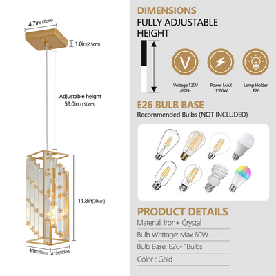 Modern Crystal Pendant Light - 3 Pack, Adjustable Hanging Ceiling Lamp with Crystal Prism Design for Dining Room, Kitchen Island, and Living Room -Golden Finish