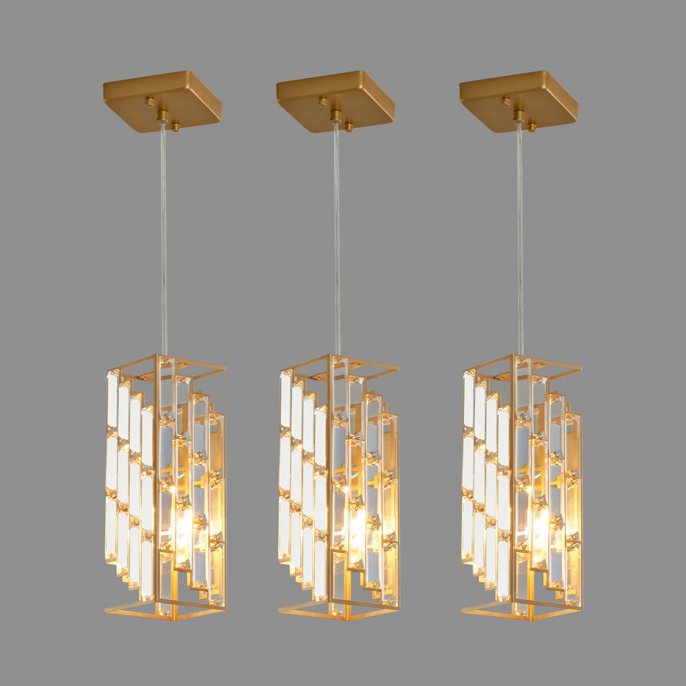 Modern Crystal Pendant Light - 3 Pack, Adjustable Hanging Ceiling Lamp with Crystal Prism Design for Dining Room, Kitchen Island, and Living Room -Golden Finish