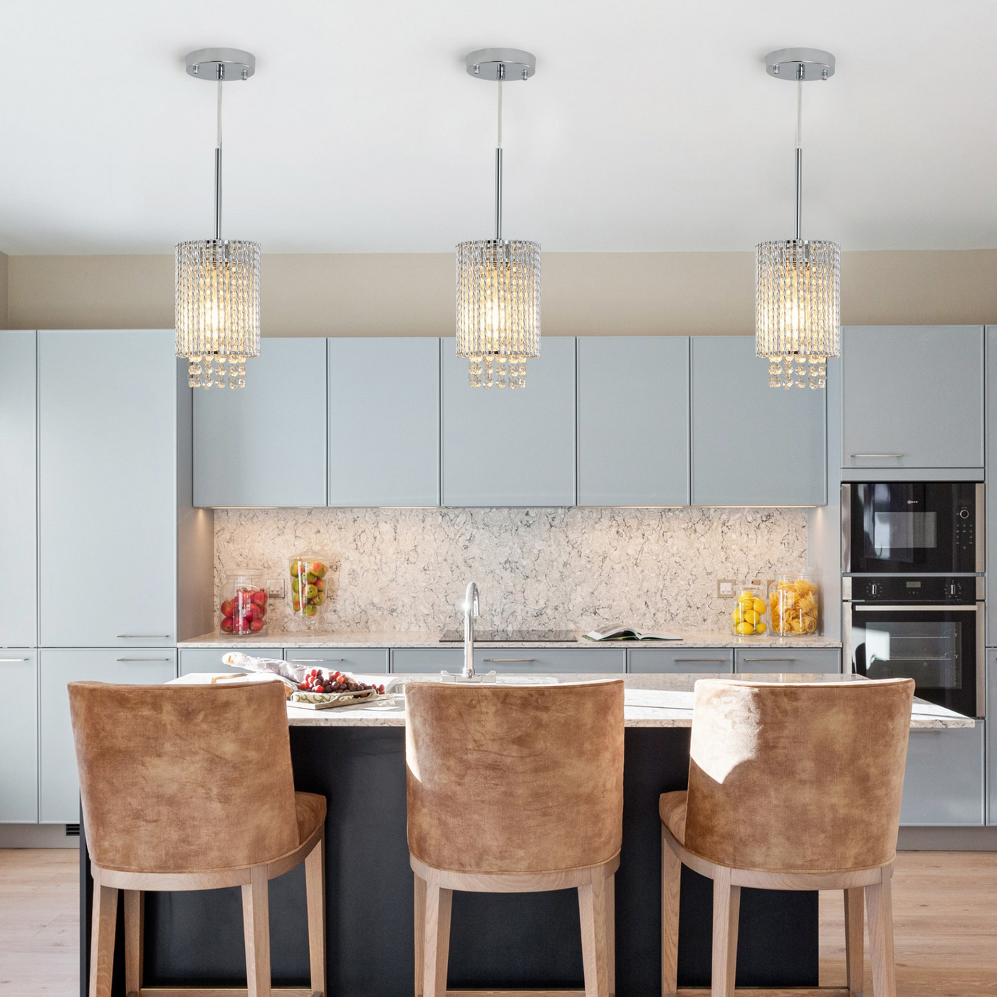 Modern Crystal Pendant Light 3-Pack Adjustable Chrome Hanging Ceiling Fixture with Clear Beads, Elegant Design for Kitchen Island, Dining Room, or Living Room (No Bulbs)
