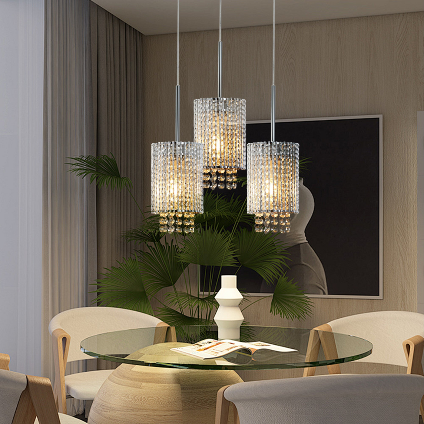 Modern Crystal Pendant Light 3-Pack Adjustable Chrome Hanging Ceiling Fixture with Clear Beads, Elegant Design for Kitchen Island, Dining Room, or Living Room (No Bulbs)
