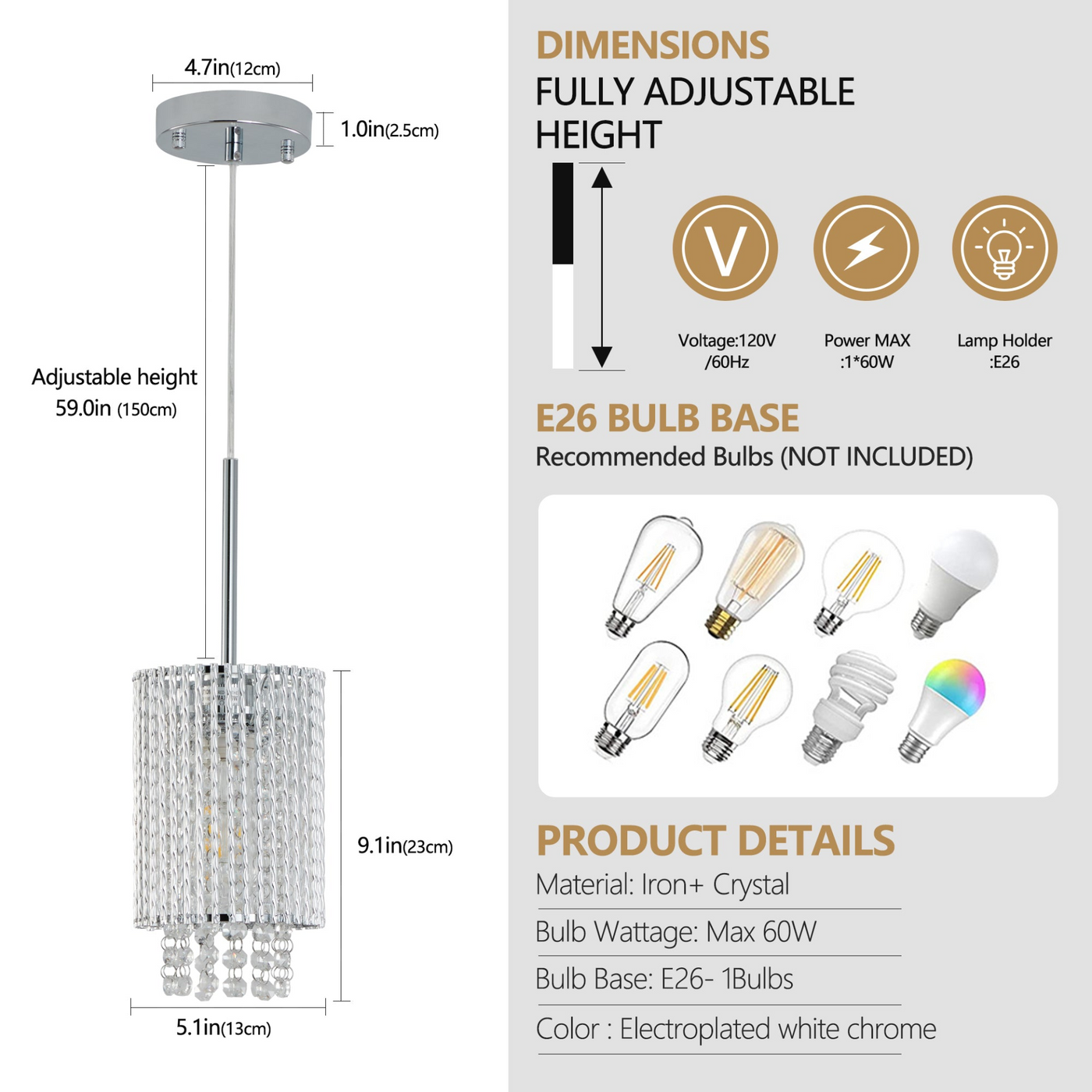 Modern Crystal Pendant Light 3-Pack Adjustable Chrome Hanging Ceiling Fixture with Clear Beads, Elegant Design for Kitchen Island, Dining Room, or Living Room (No Bulbs)