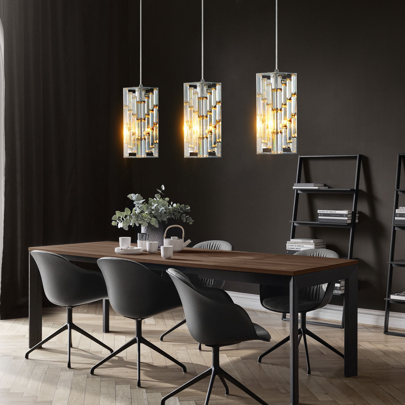 Modern Crystal Pendant Light - 3 Pack, Adjustable Hanging Ceiling Lamp with Crystal Prism Design for Dining Room, Kitchen Island, and Living Room -Chrome Finish