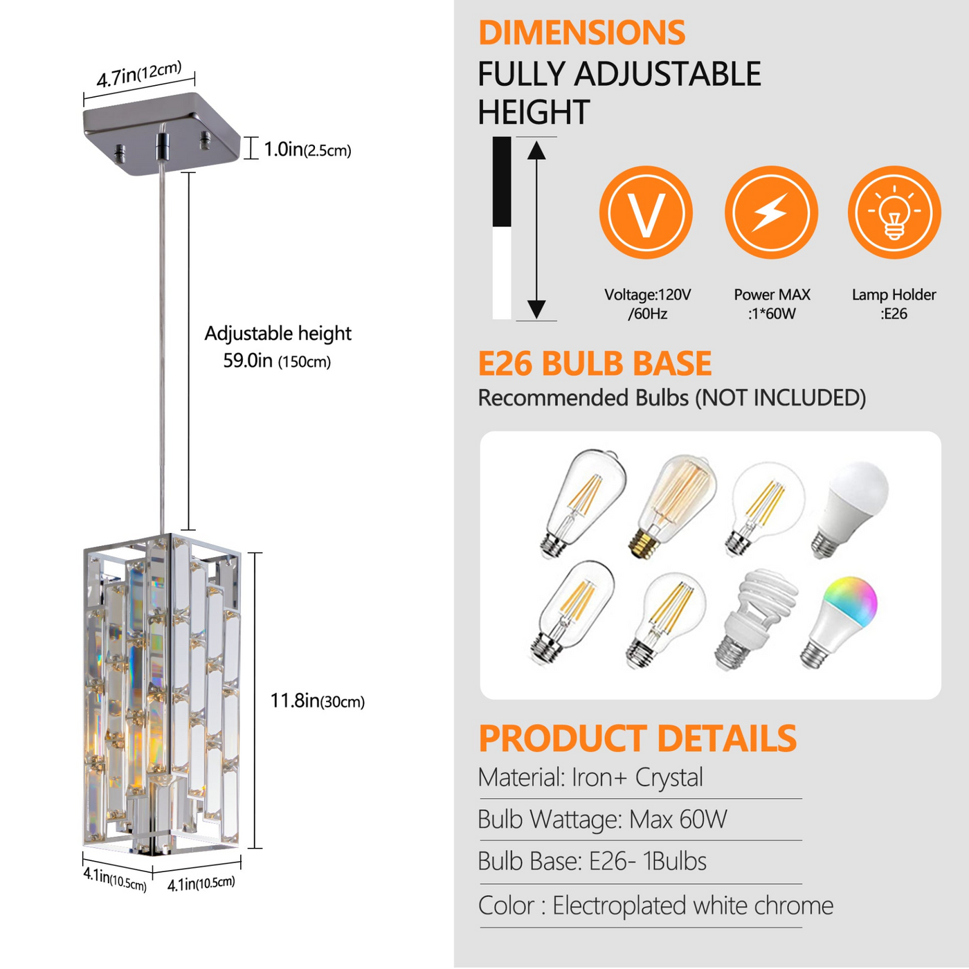 Modern Crystal Pendant Light - 3 Pack, Adjustable Hanging Ceiling Lamp with Crystal Prism Design for Dining Room, Kitchen Island, and Living Room -Chrome Finish