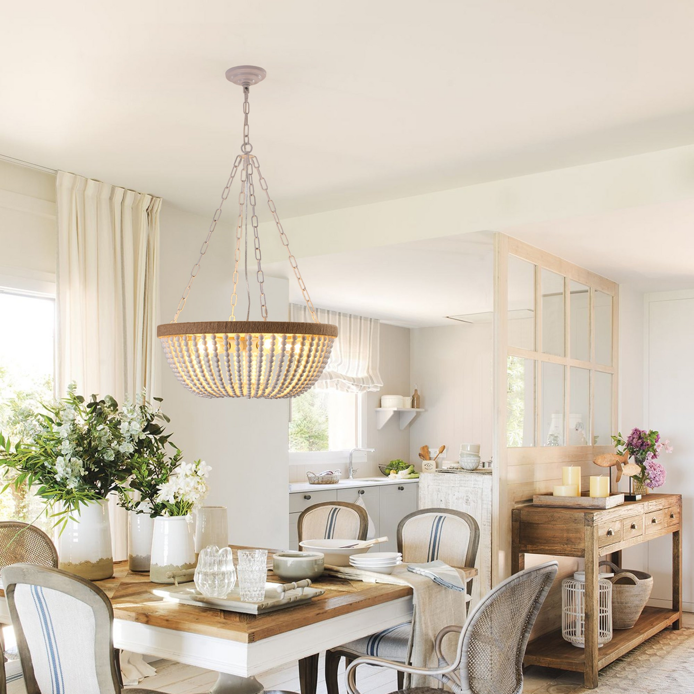 Bohemian style Wood Beaded Chandelier Oak White  NEW SKU :W1340P206667