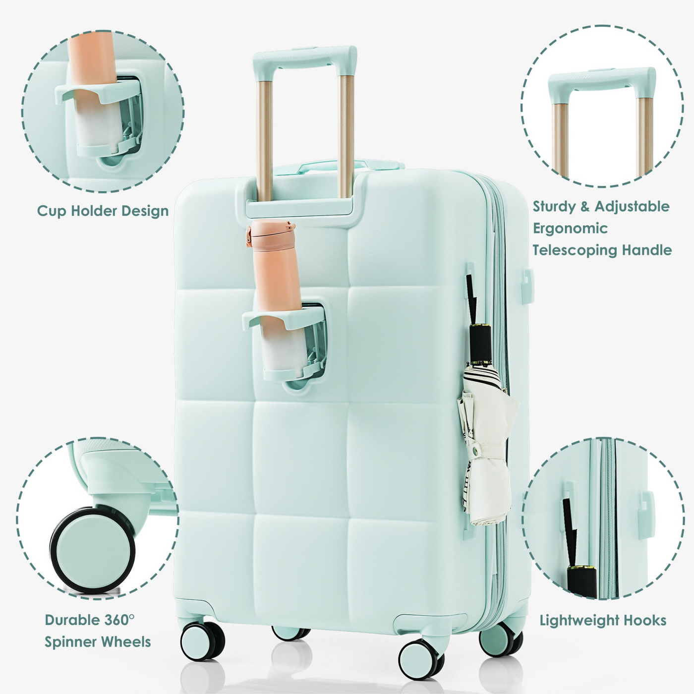 Luggage Set of 3, 20-inch with USB Port, Airline Certified Carry-on Luggage with Cup Holder, ABS Hard Shell Luggage with Spinner Wheels, grey green