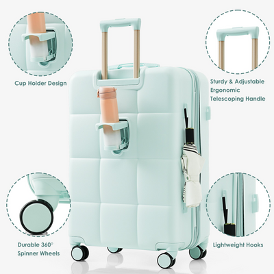Luggage Set of 3, 20-inch with USB Port, Airline Certified Carry-on Luggage with Cup Holder, ABS Hard Shell Luggage with Spinner Wheels, grey green