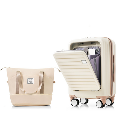 Front Opening 20-Inch Carry-On Luggage with Expandable Travel Bag Set, ABS Hard Shell Two-piece suitcase set with USB Port , Cup Holder, ivory and gloden